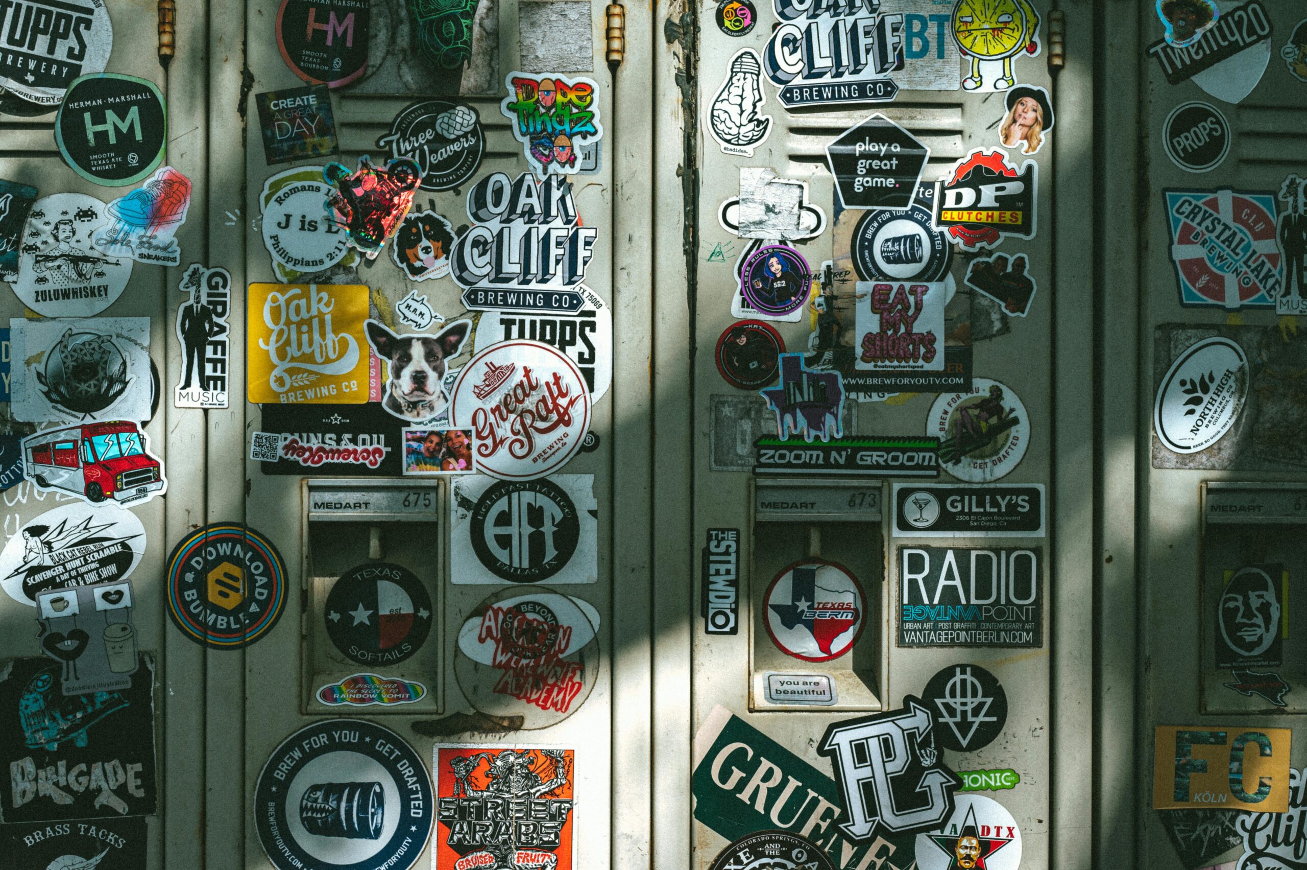 Home Vibrant assortment of stickers covering lockers in Dallas, Texas.